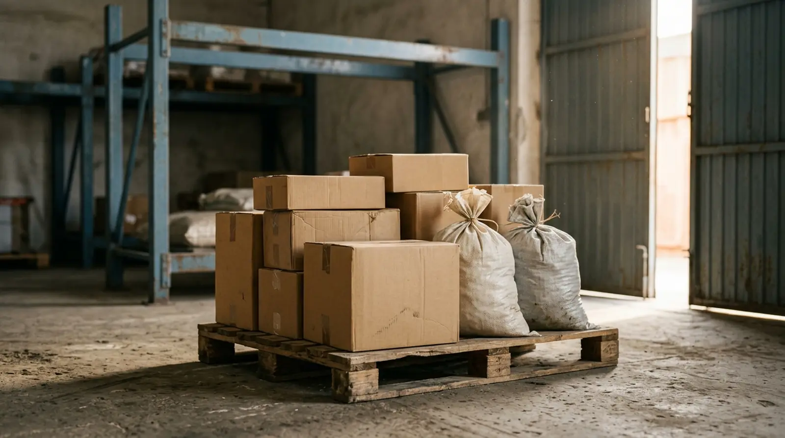 Colli e sacchi di groupage impilati su un pallet, in un deposito